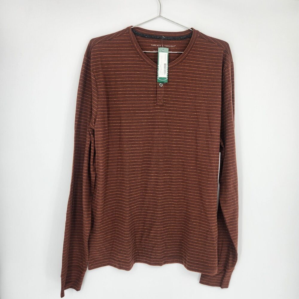 Threads 4 Thought Men's Large Brown Stripe Triblend Long Sleeve Henley NWT